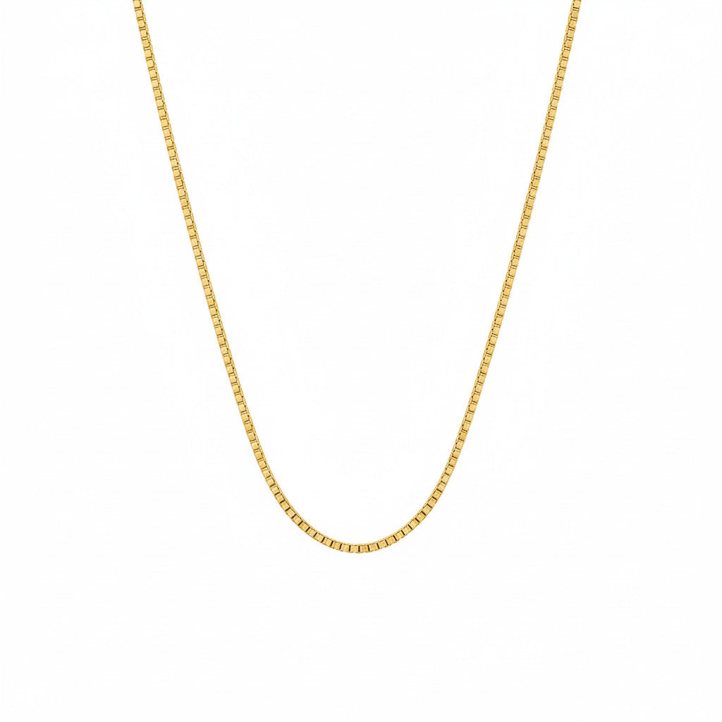 14k yellow gold box chain in high-polish finish with secure lobster clasp by Alef Bet