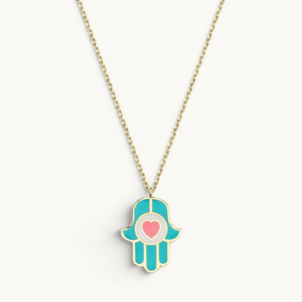 Hamsa pendant in turquoise and pink enamel with high-polish finish by Alef Bet