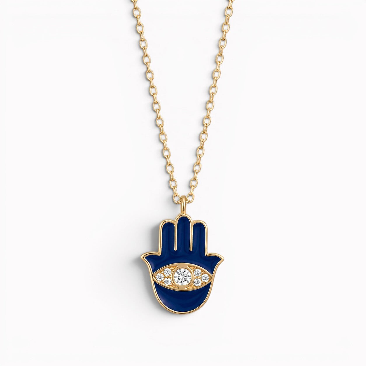 Hamsa pendant necklace in navy enamel with gold-tone metal by Alef Bet