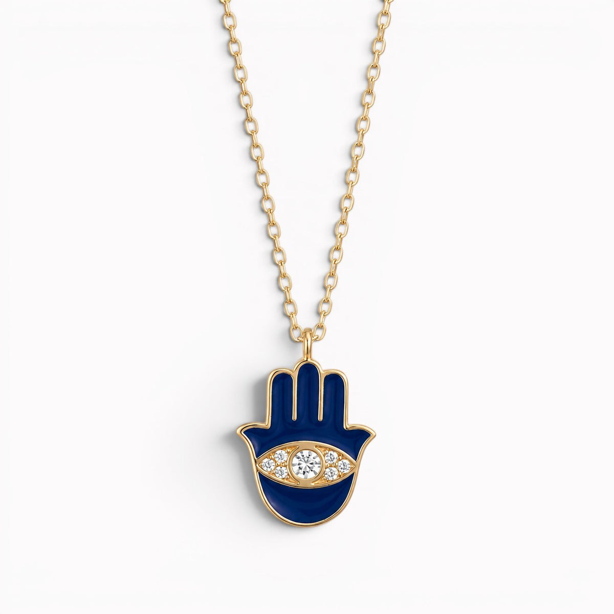 Hamsa pendant necklace in navy enamel with gold-tone metal by Alef Bet