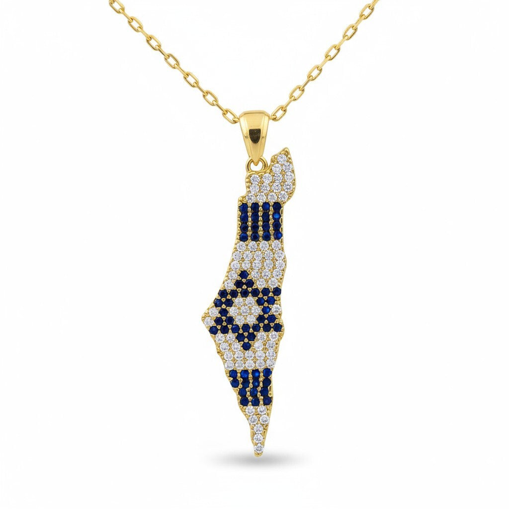 Israel map pendant necklace in yellow gold with blue and white enamel by Alef Bet