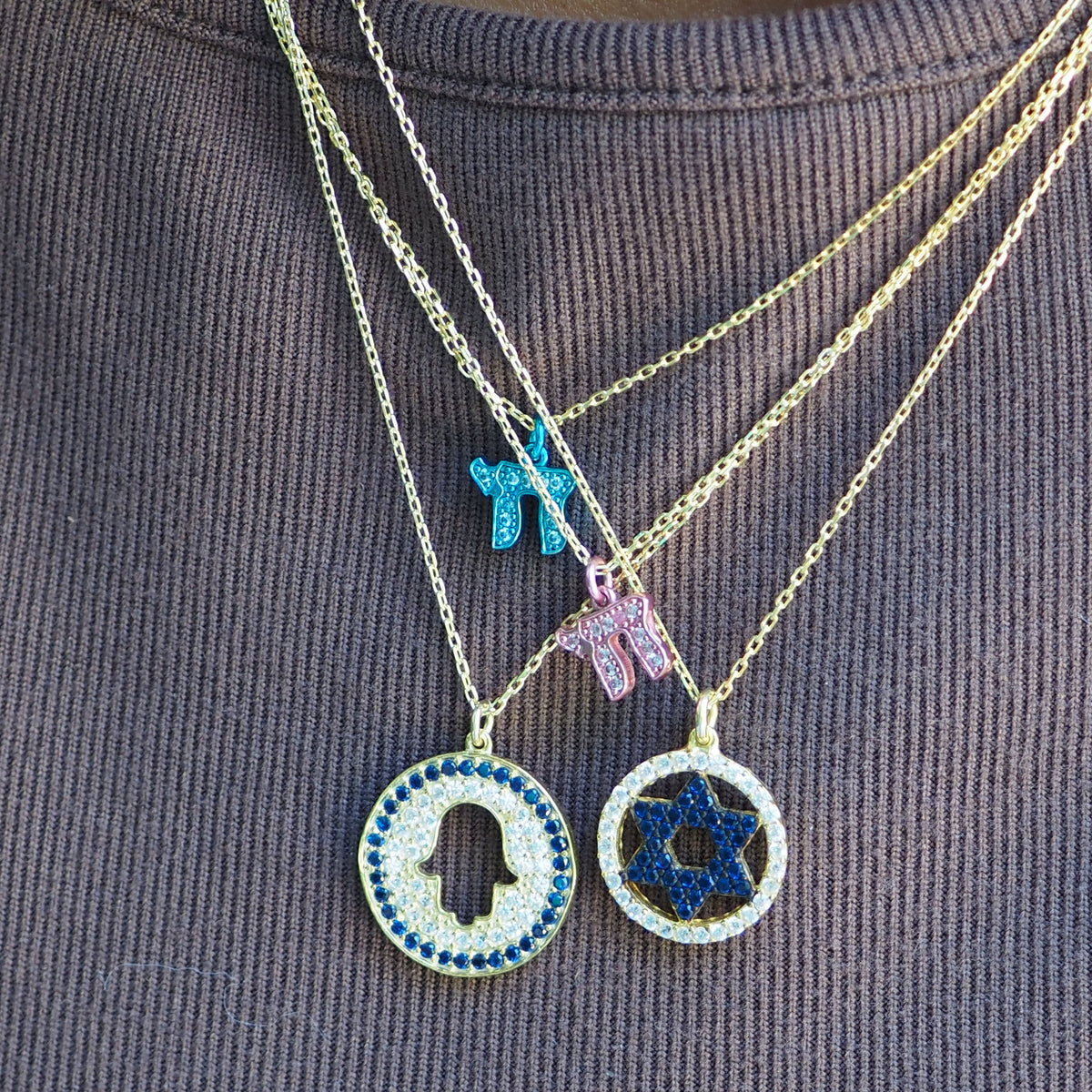 Hamsa Pave CZ Necklace in 14k Gold Plated Sterling Silver 925, blue and white sparkle for protection and good luck