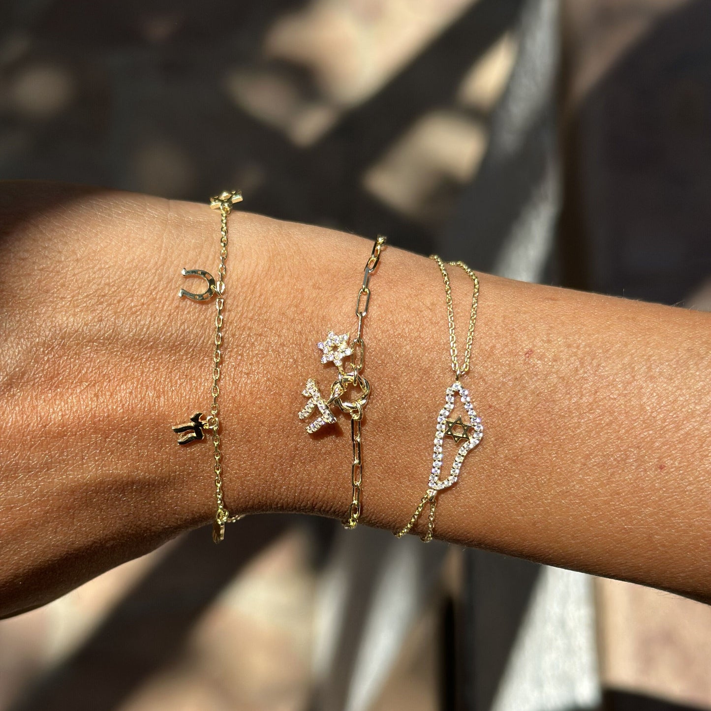 Chai and Jewish Star CZ Cluster Bracelet Sterling Silver 925 Yellow Gold Plated | Alef Bet by Paula
