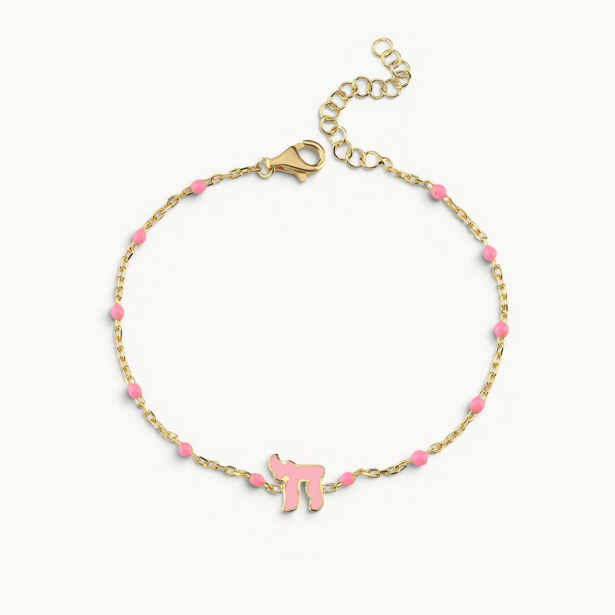 Beaded chai bracelet in pink with colorful gemstone accents by Alef Bet