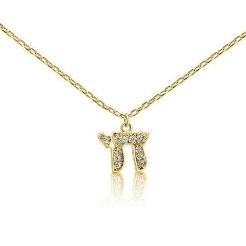 Chai pendant in yellow gold with pave-set cubic zirconia stones by Alef Bet