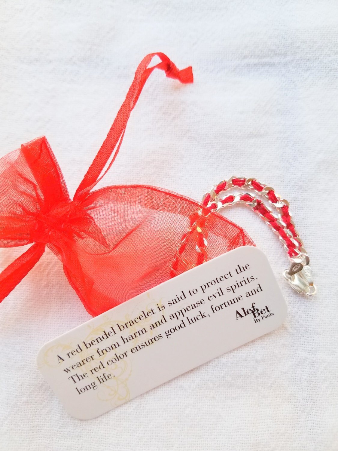 Chai life bendel bracelet in sterling silver with red string cord by Alef Bet
