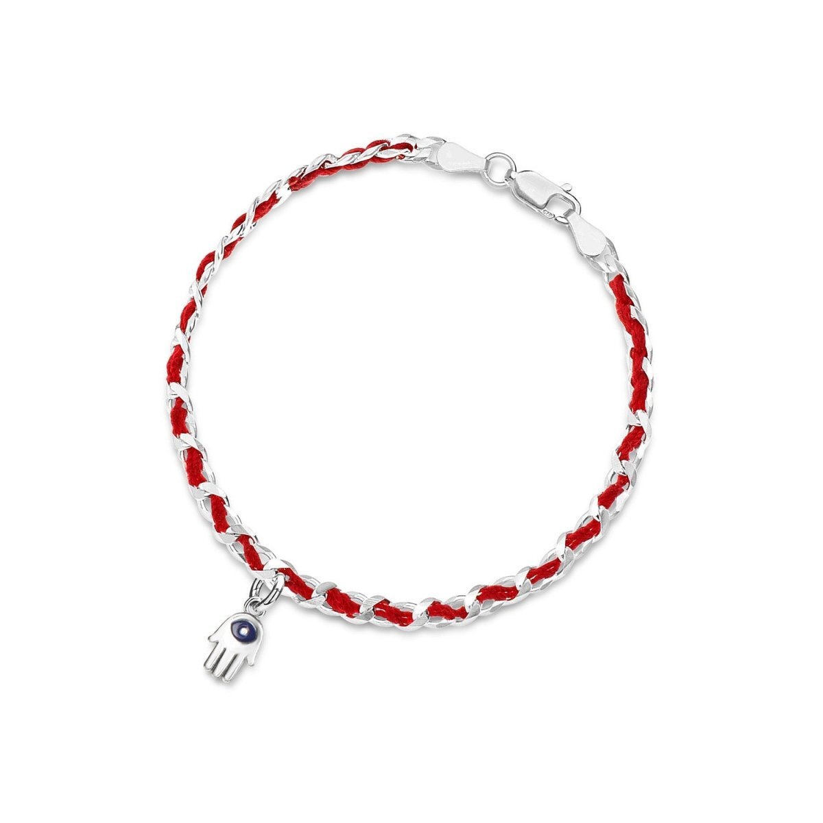 Chamsa and evil eye red string bracelet made of sterling silver, symbolizing protection and good luck, with description card included.