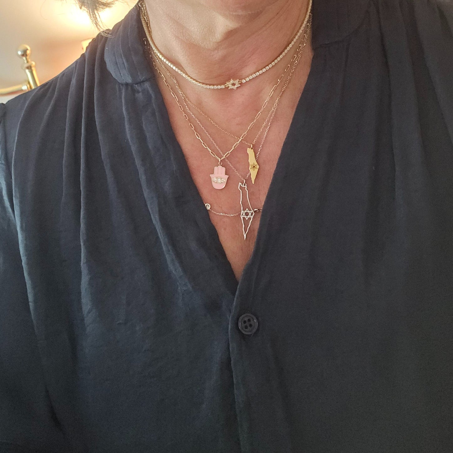 CZ Tennis Choker Necklace with Pave Star of David Adjustable 14 to 17 Inches
