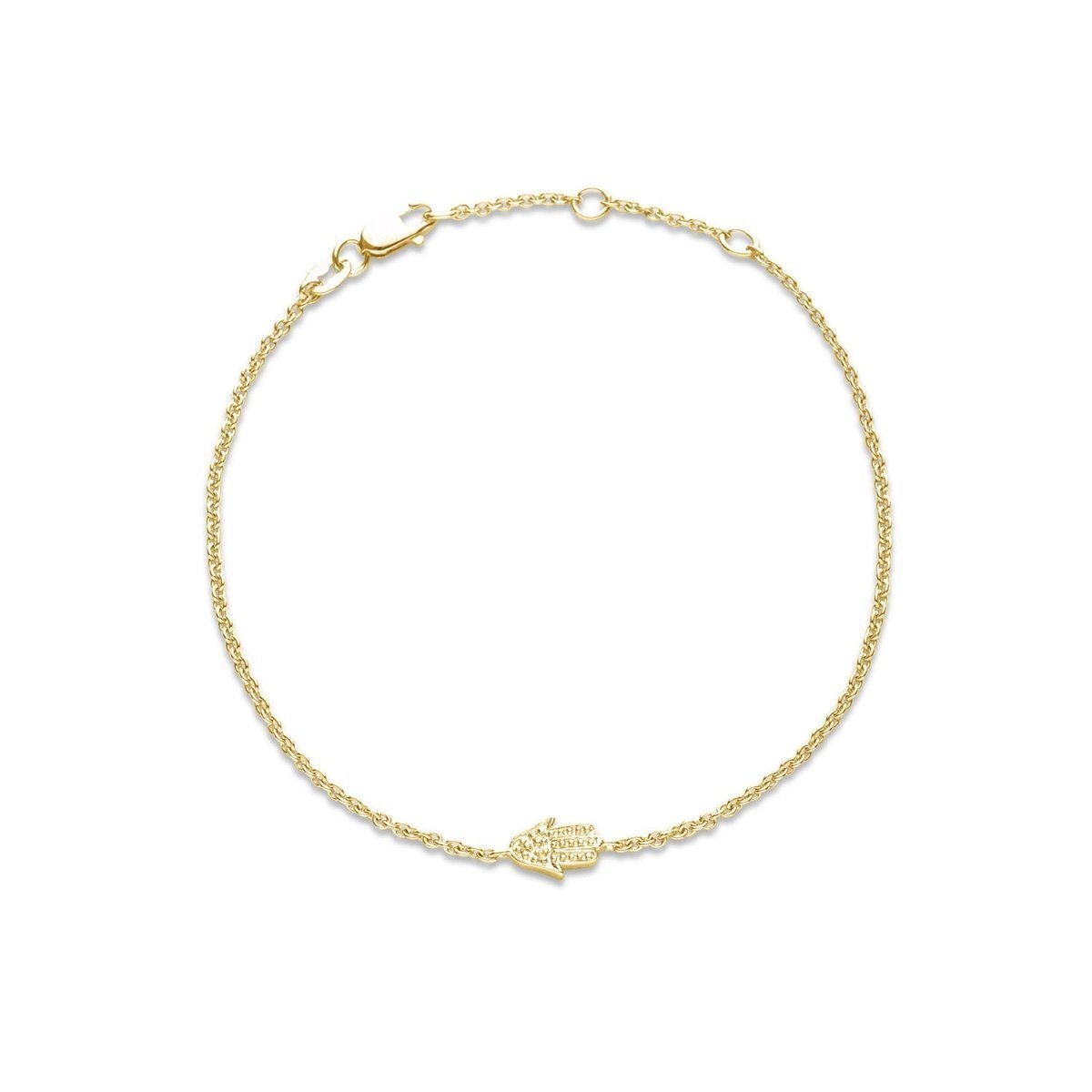 Diamond hamsa bracelet made of 14k gold or sterling silver, featuring .02 ct diamonds and an adjustable chain for wrist sizes 6.5" to 7.5".