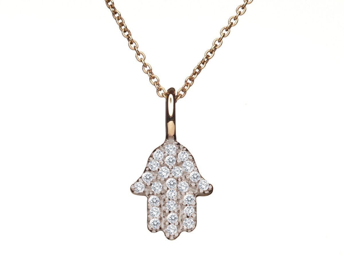 Diamond hamsa pendant necklace in 18K yellow gold with pave-set diamonds by Alef Bet