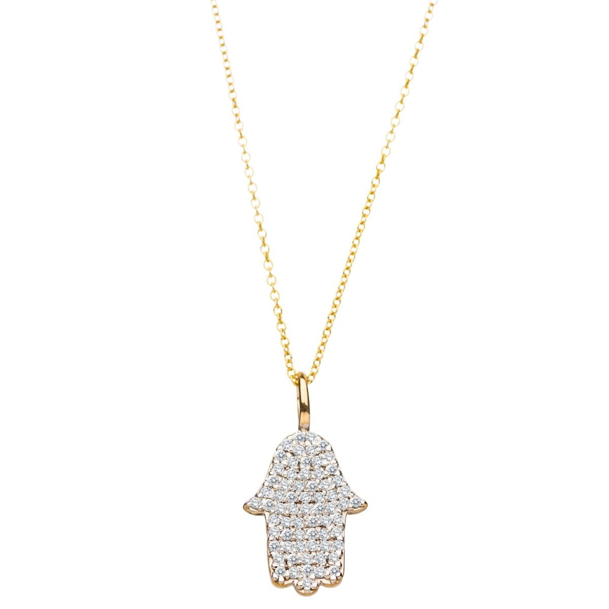 Diamond pave hamsa necklace in 14k yellow gold with high-polish finish by Alef Bet