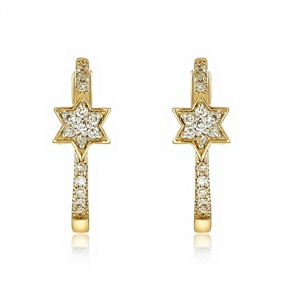 Diamond pave Jewish star earrings in 14k yellow gold with six-point star design by Alef Bet