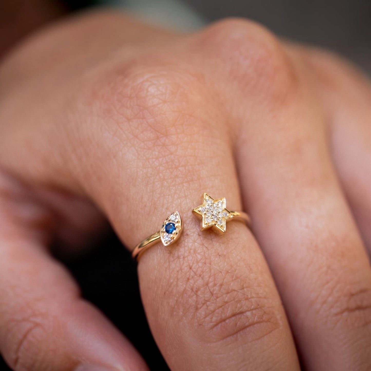 Protection and pride you can wear every day, Evil Eye and Star of David Diamond Ring in Solid 14k Gold