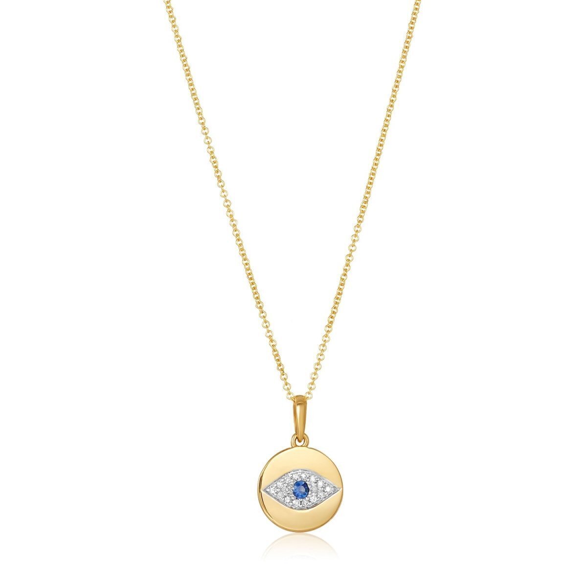 Evil eye pendant in 14k gold with pave diamonds and sapphire center by Alef Bet