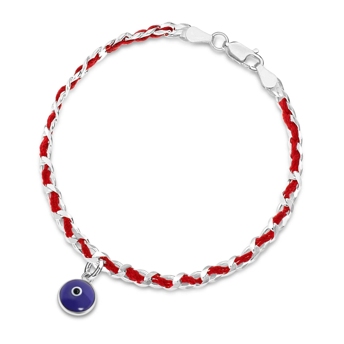 Evil eye red string bracelet featuring a sterling silver pendant and navy blue charm for luck and protection, gift wrapped with explanation card.
