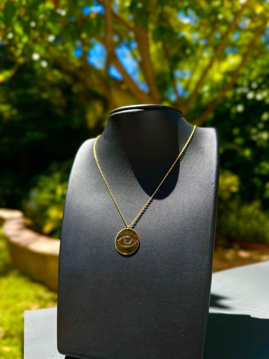 Gold Evil Eye Round Charm Necklace on Chain