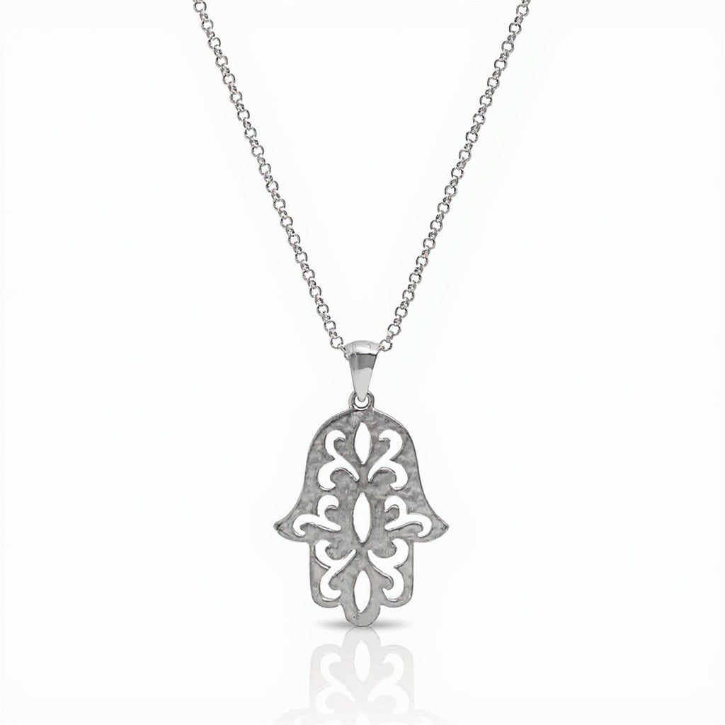 Floral Hamsa Necklace in Sterling Silver with Cutwork Detail
