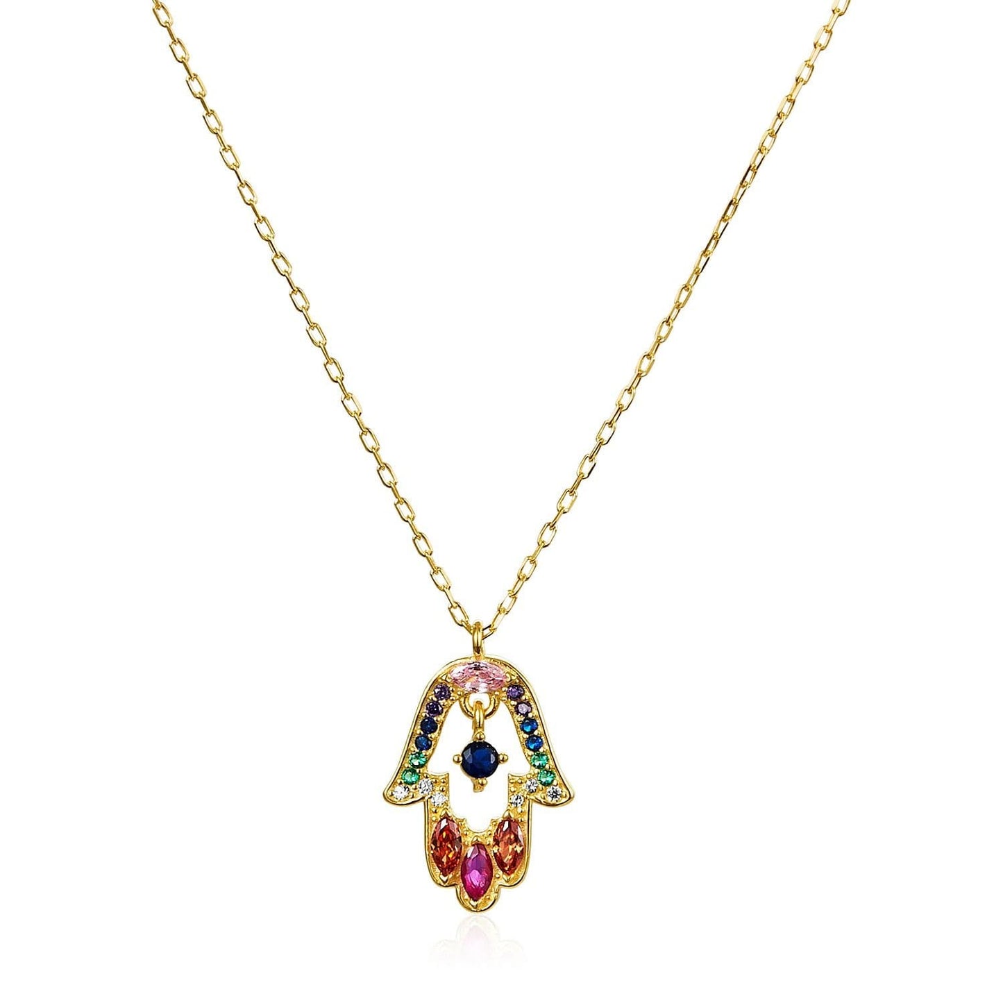 Colorful Gold Hamsa Necklace with Vibrant CZ Gemstones