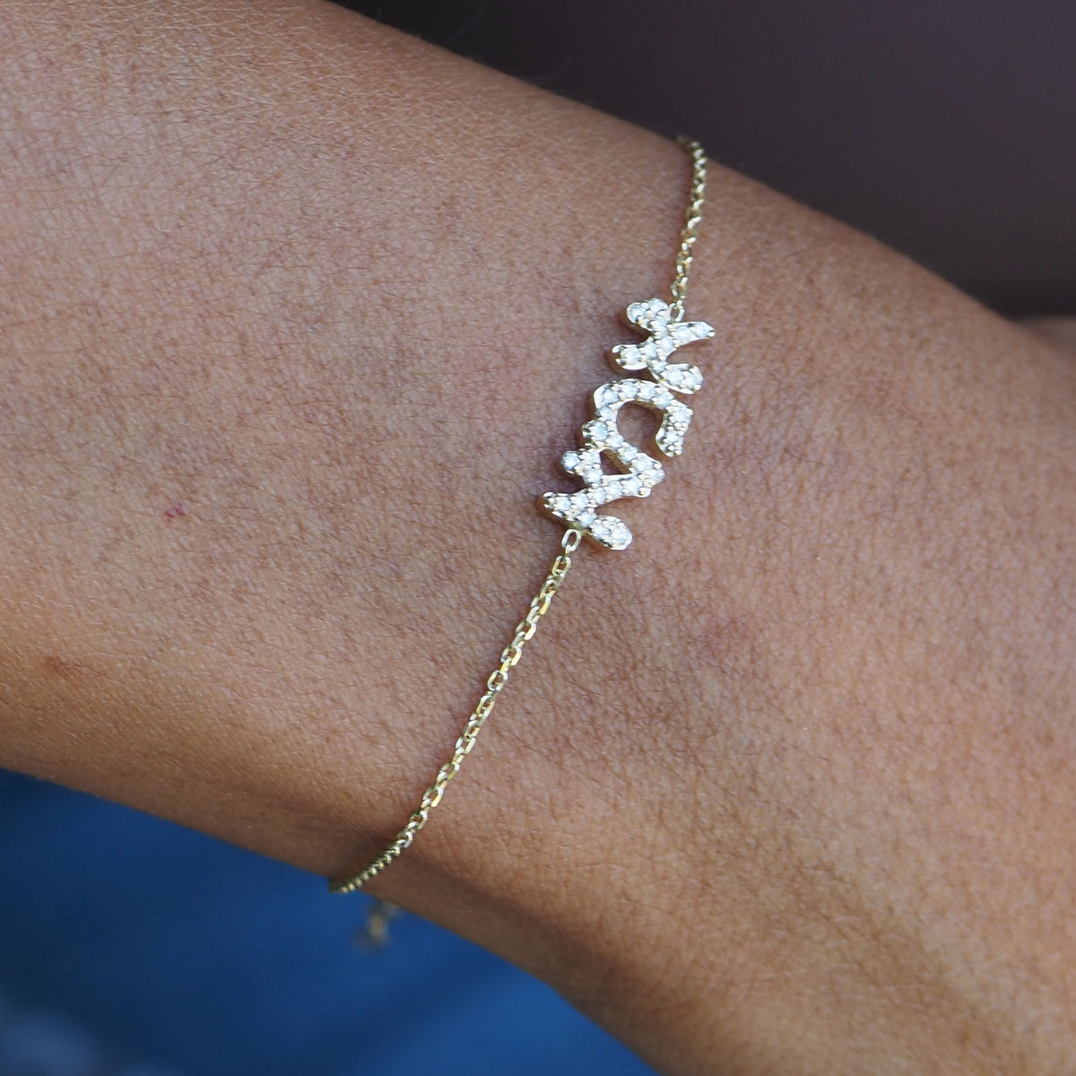 The Word for Mother in Gold and Diamonds, Hebrew Ema Bracelet in Solid 14k Yellow Gold
