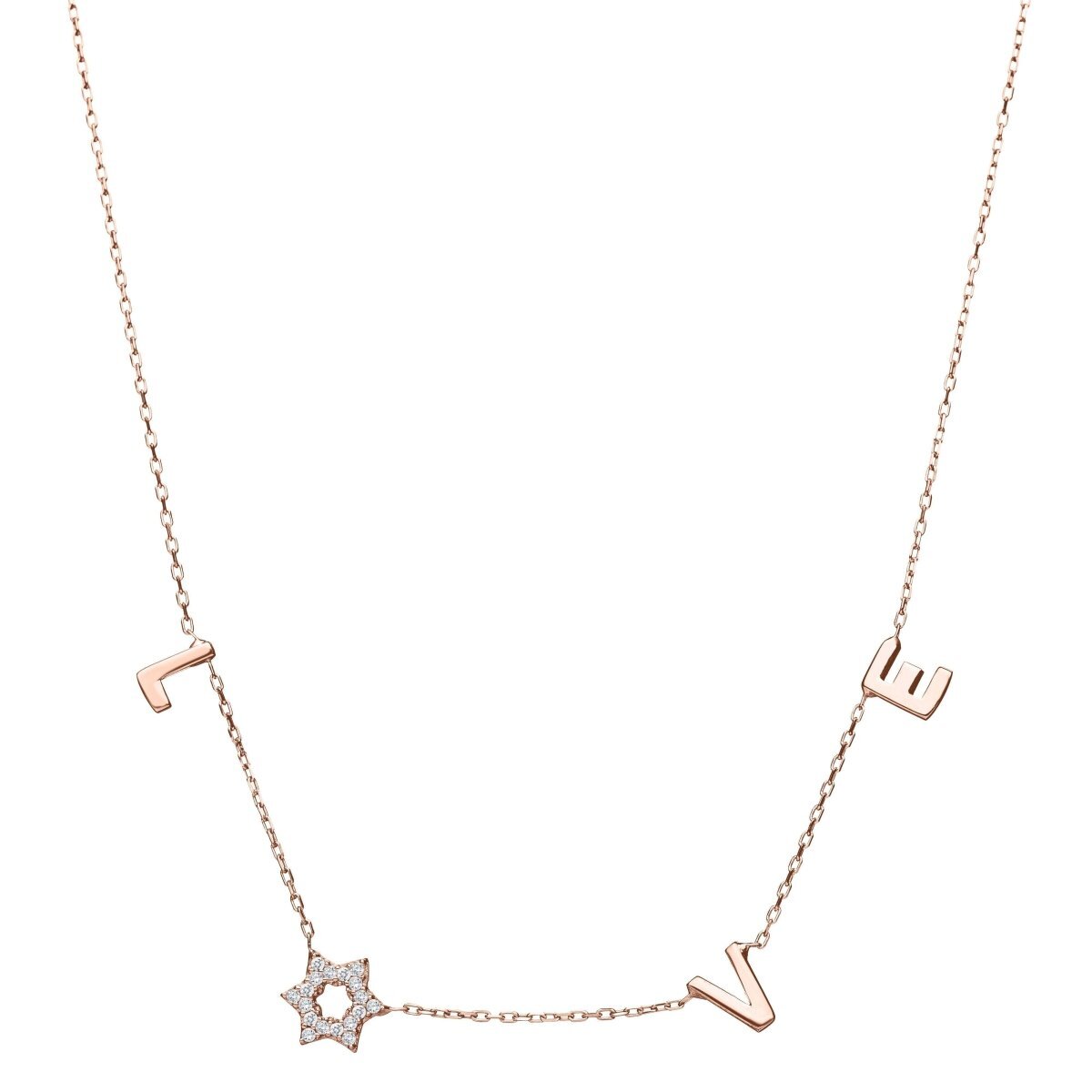 Star of David necklace in 14K rose gold with love cutout detail by Alef Bet