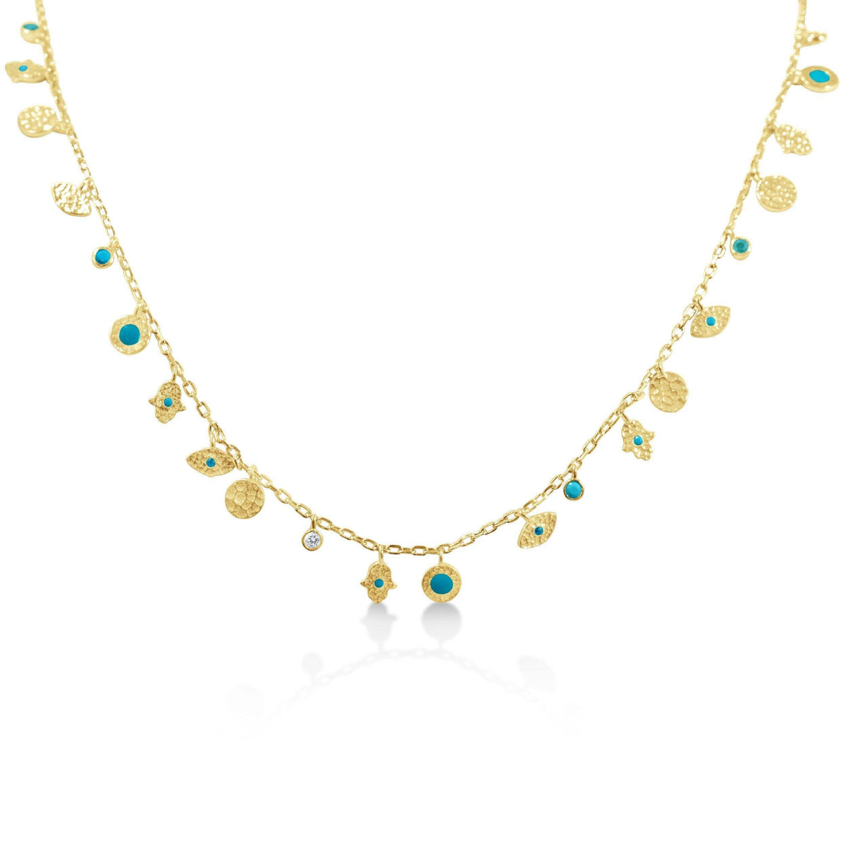 Hamsa and evil eye charm necklace in 14k gold with dual protective pendants by Alef Bet