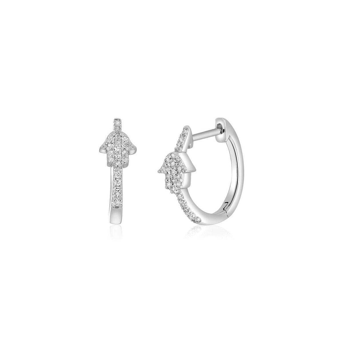 Hamsa huggie earrings in 14k yellow gold with pave diamond settings by Alef Bet