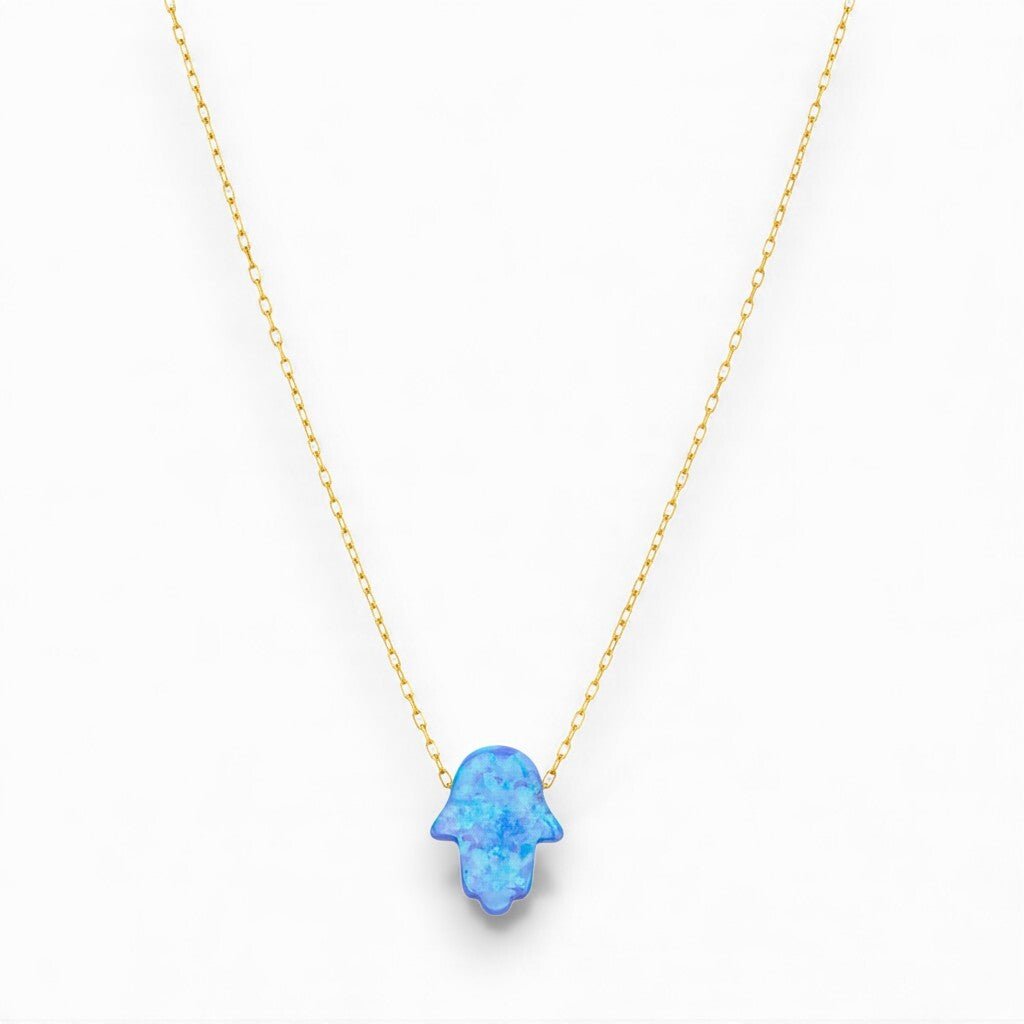 Hamsa Hand Blue Opal Necklace in Sterling Silver 925, the ancient symbol of protection you reach for every morning