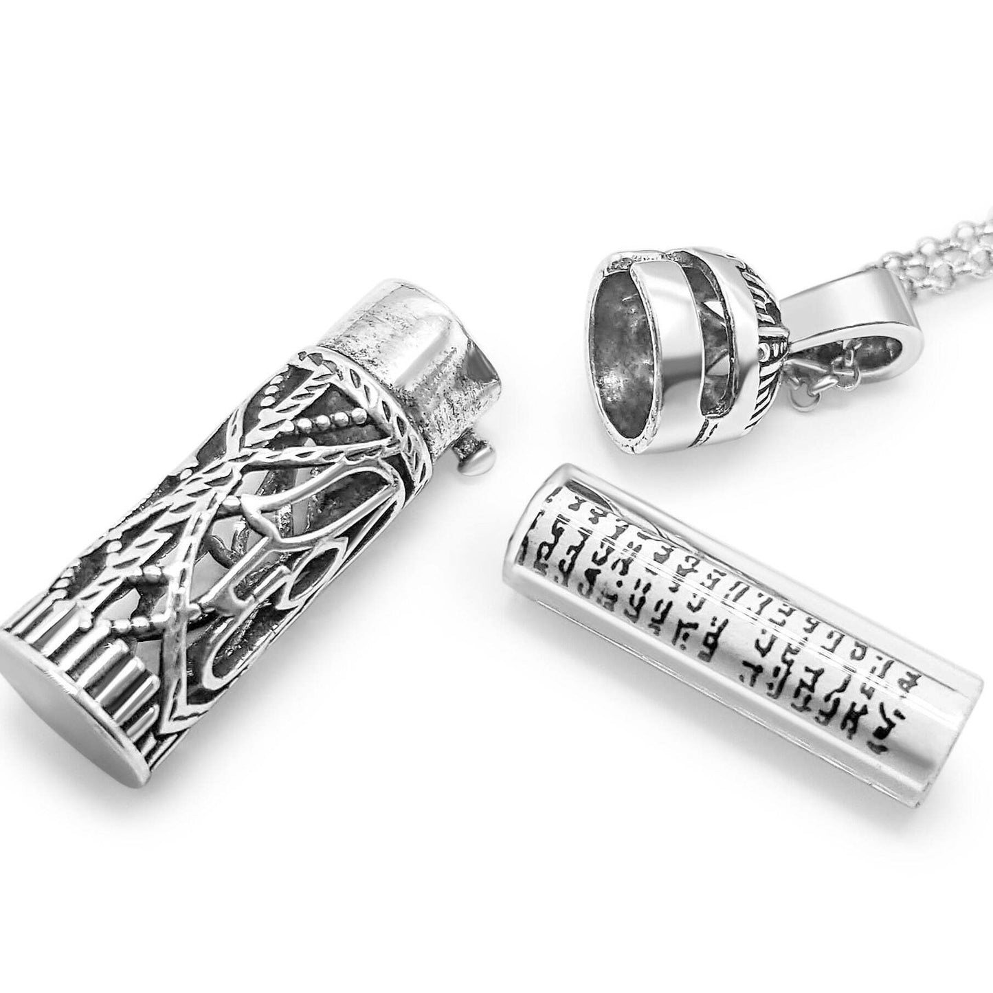Sterling Silver 925 Mezuzah Necklace Open Hamsa Design Hebrew Prayer Judaica | Alef Bet by Paula