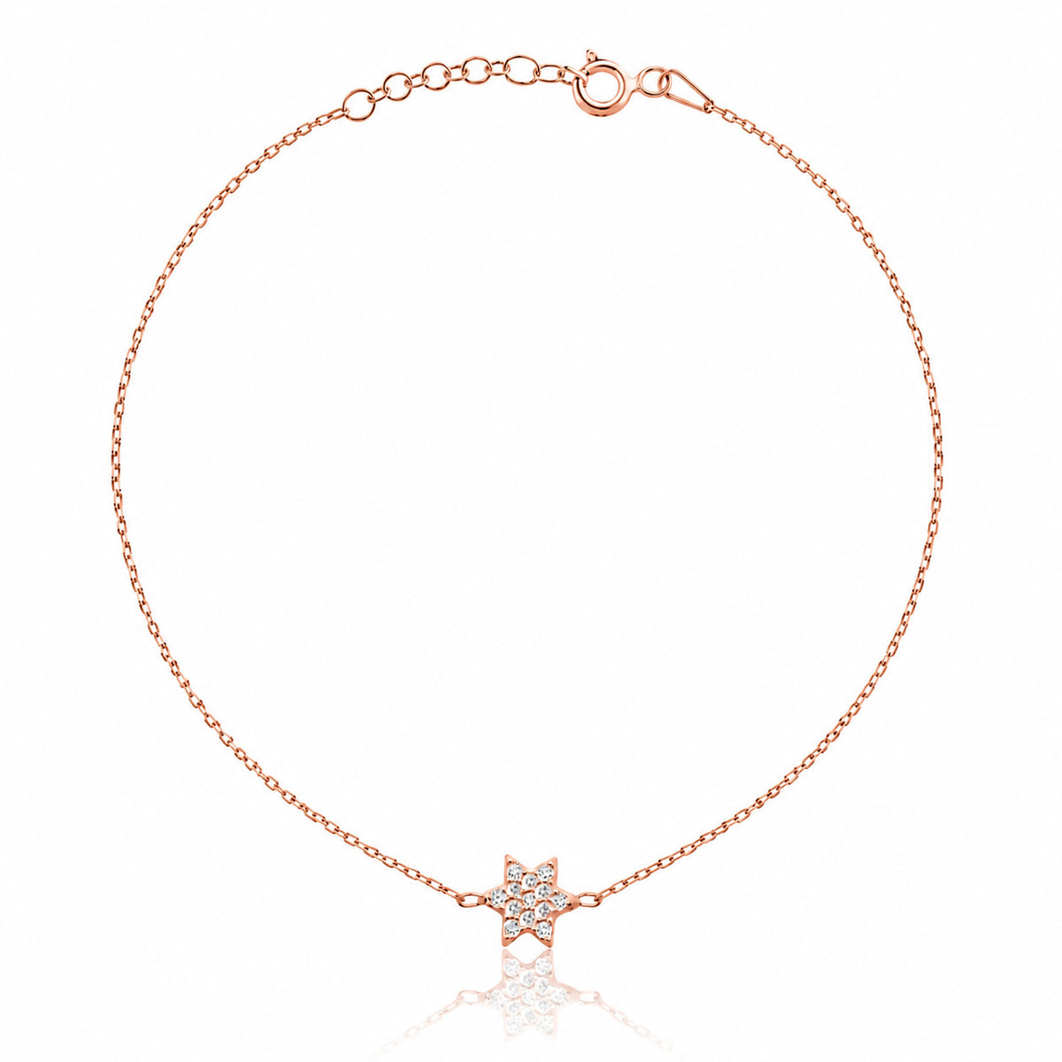Jewish star bracelet in rose gold with cubic zirconia pave setting by Alef Bet