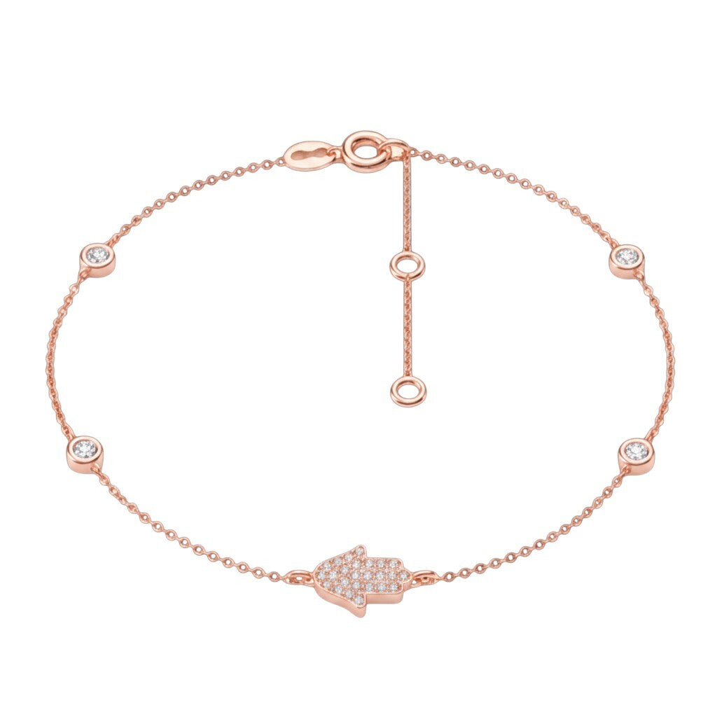 Hamsa bracelet in rose gold with pave-set diamonds and adjustable sizing by Alef Bet