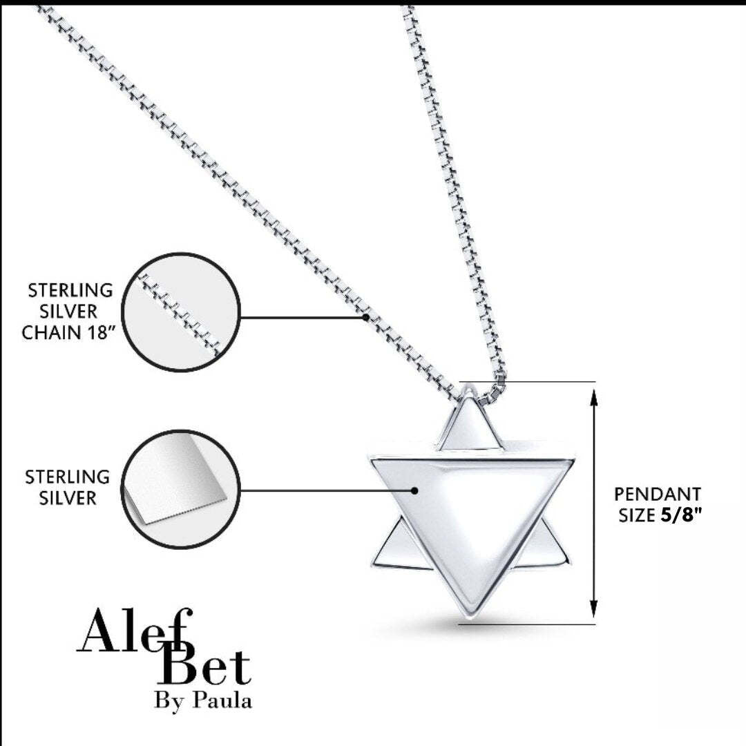 Silver necklace with triangle pendant labeled 'Alef Bet by Paula' on a white background
