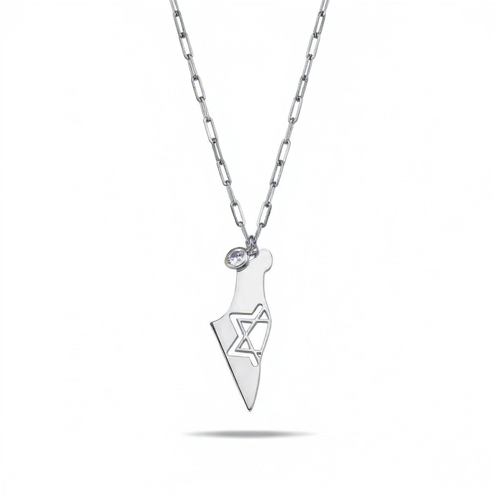 Silver map of Israel pendant with Jewish star on paperclip chain by Alef Bet