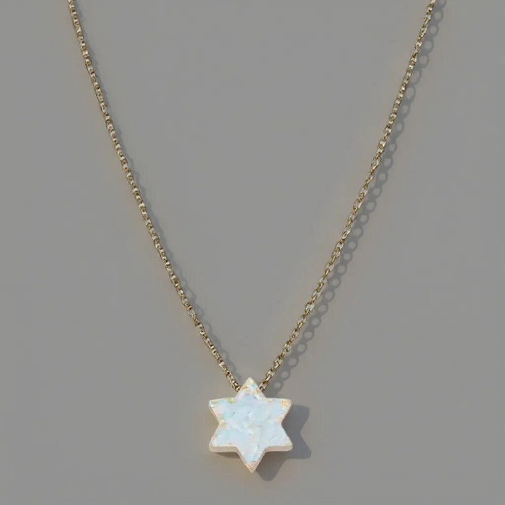 Opal Star of David necklace in white gold with bezel-set opal center by Alef Bet