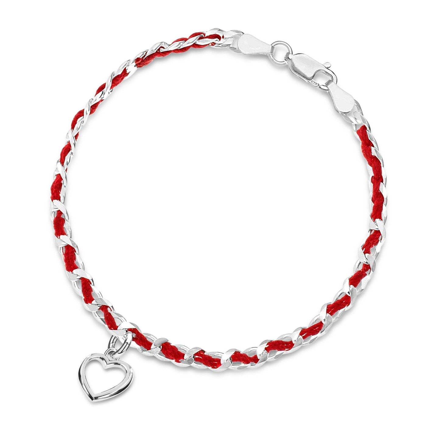 Red string bracelet with outlined heart charm by Alef Bet