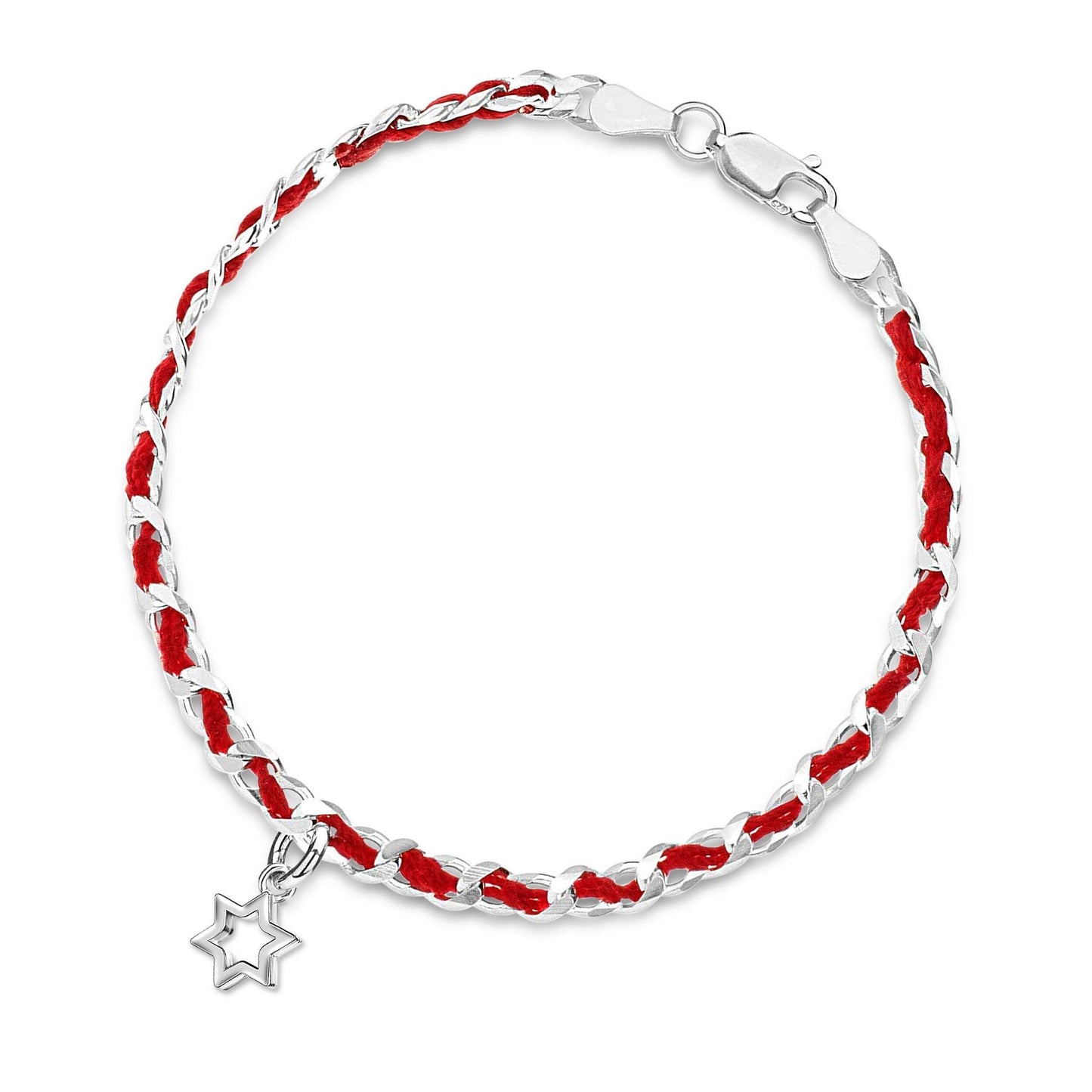 Red string bracelet featuring a Star of David pendant, symbolizing protection and faith, with sterling silver details and a description card.