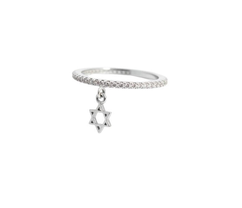 Pave Eternity Ring with Star of David Dangle Charm in Sterling Silver