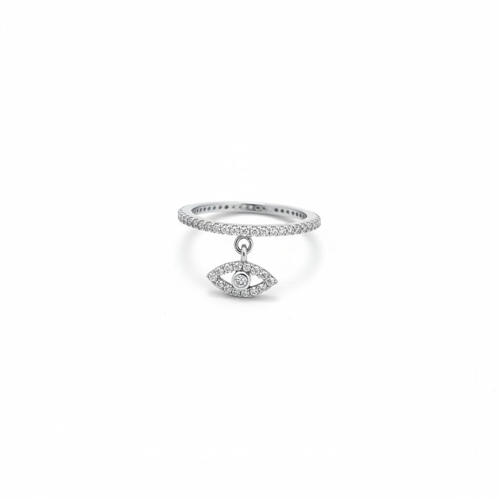Pave evil eye dangle ring in sterling silver with eternity band by Alef Bet