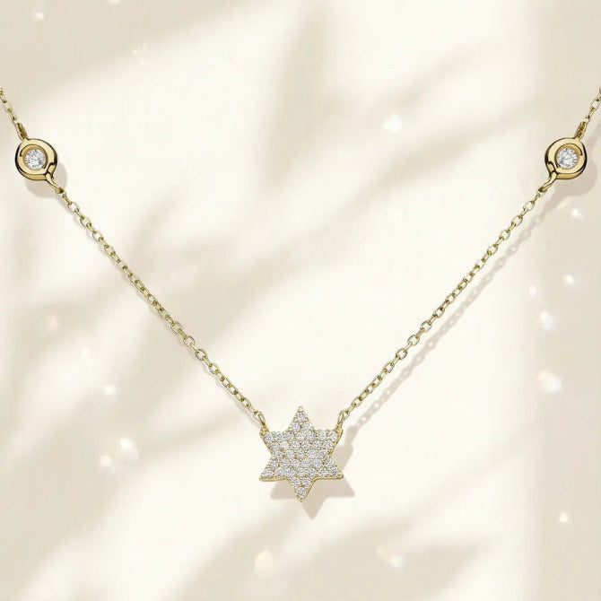 Pave Star of David Necklace 14k Gold with Diamonds on Chain
