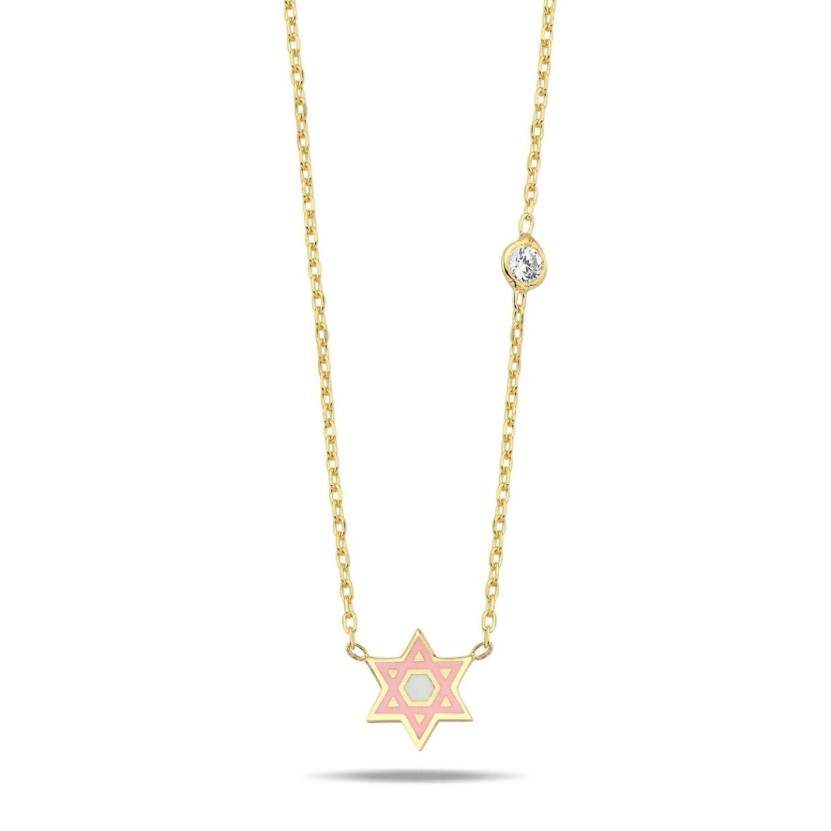 Star of David necklace in yellow gold with pink enamel and bezel-set cubic zirconia by Alef Bet