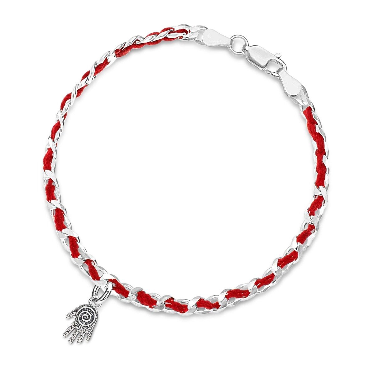 Red string bracelet featuring a sterling silver hamsa charm with blue evil eye, symbolizing protection and good luck.