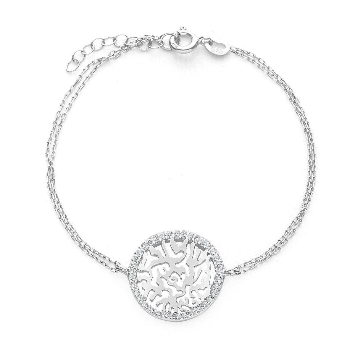 ALT text: Shema Israel Hebrew prayer bracelet for women made of sterling silver with cubic zirconia stones, measuring 6.75" with extender.