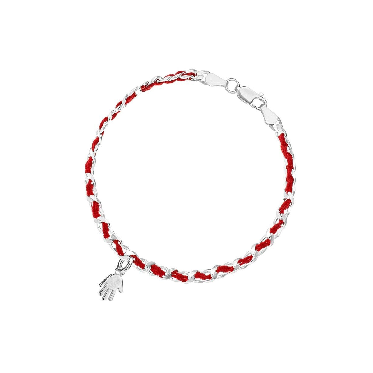 Sterling silver bracelet featuring a Lucky hamsa charm on a red string, symbolizing protection and good wishes.