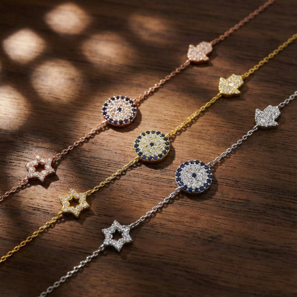 Star of David Hamsa and Evil Eye Bracelet in 14k Gold Plated Sterling Silver 925 with Cubic Zirconia, Three Symbols of Jewish Protection in One Piece You Will Wear Every Day