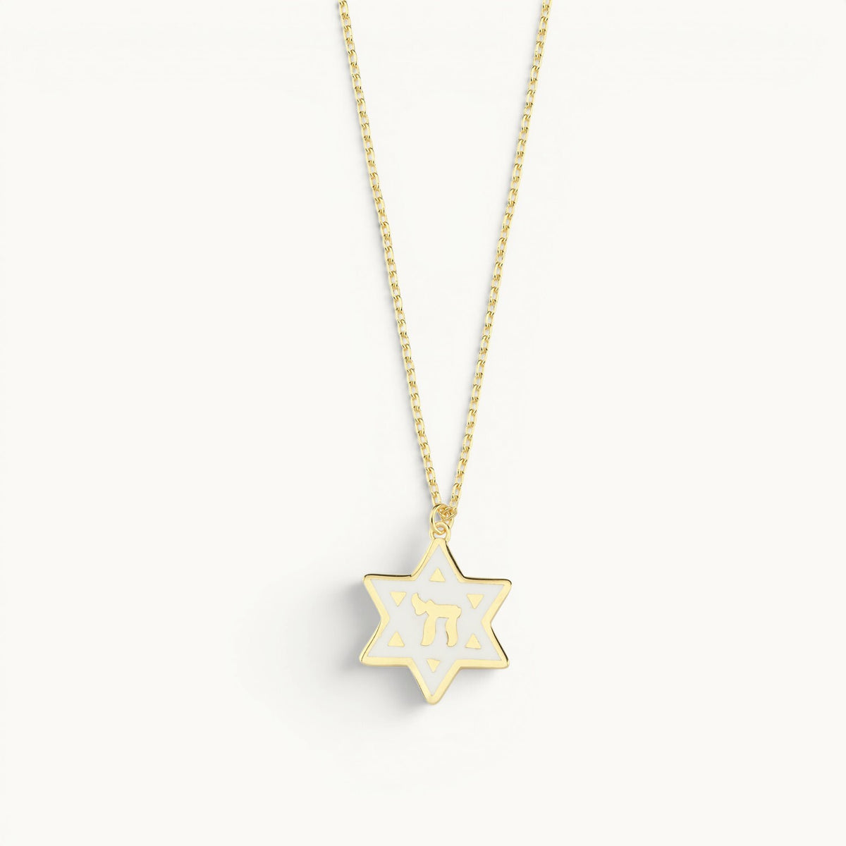 Star of David and Chai enamel necklace in white with colorful enamel detailing by Alef Bet