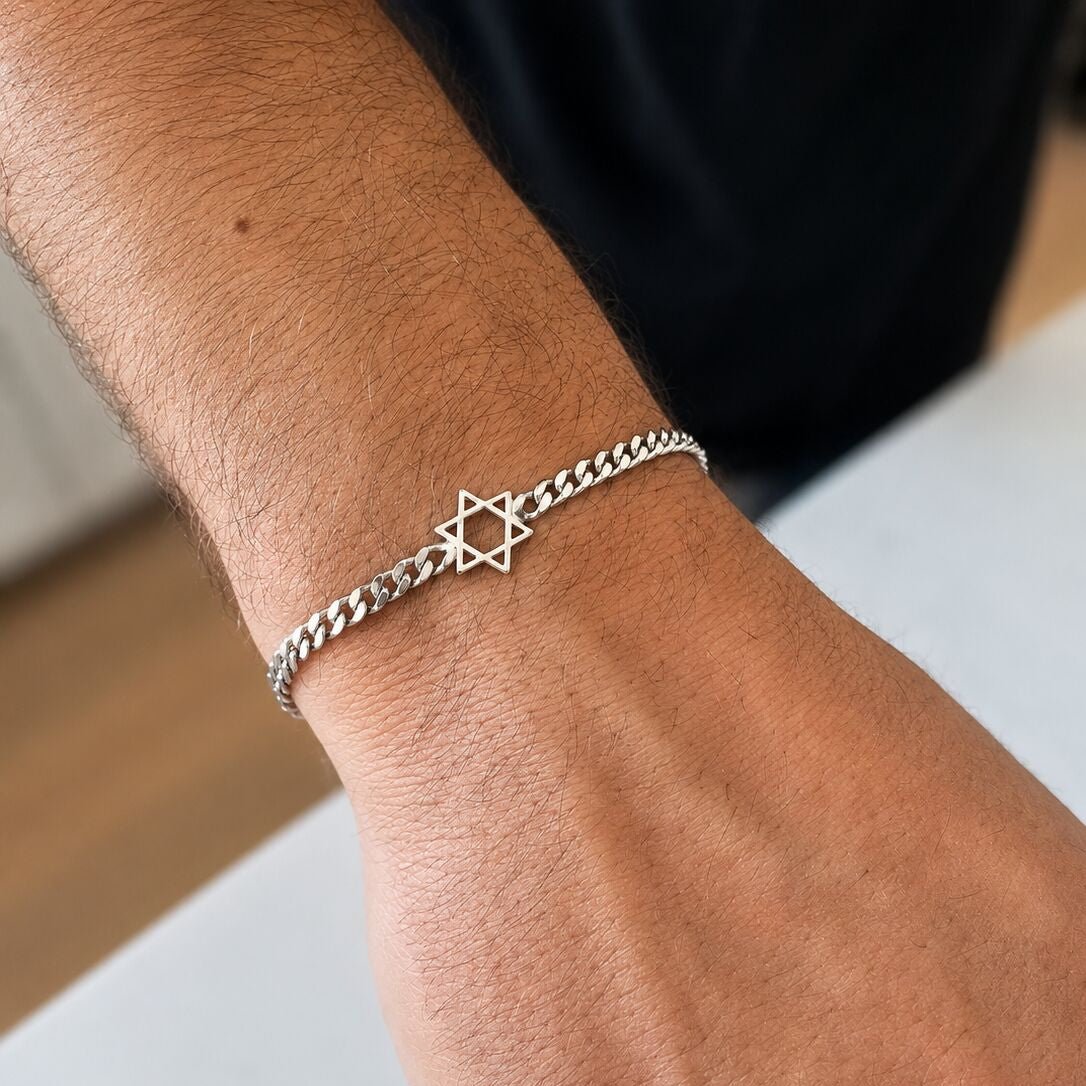 Star of David Bracelet for Men | Sterling Silver 925 Curb Chain
