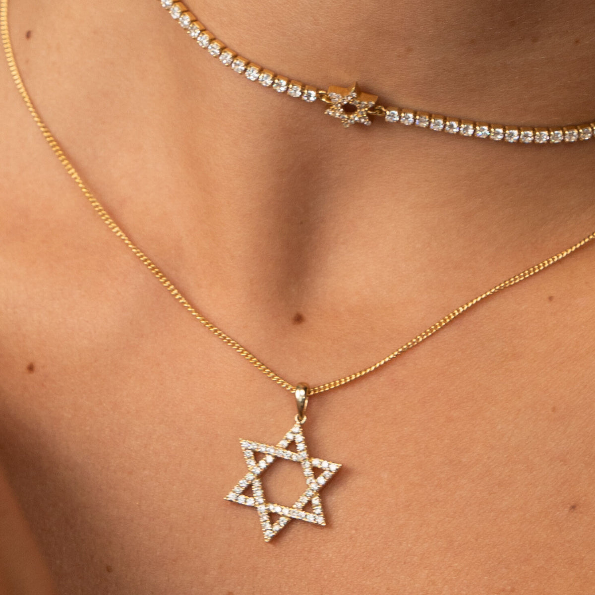 curb chain and diamond gold star david