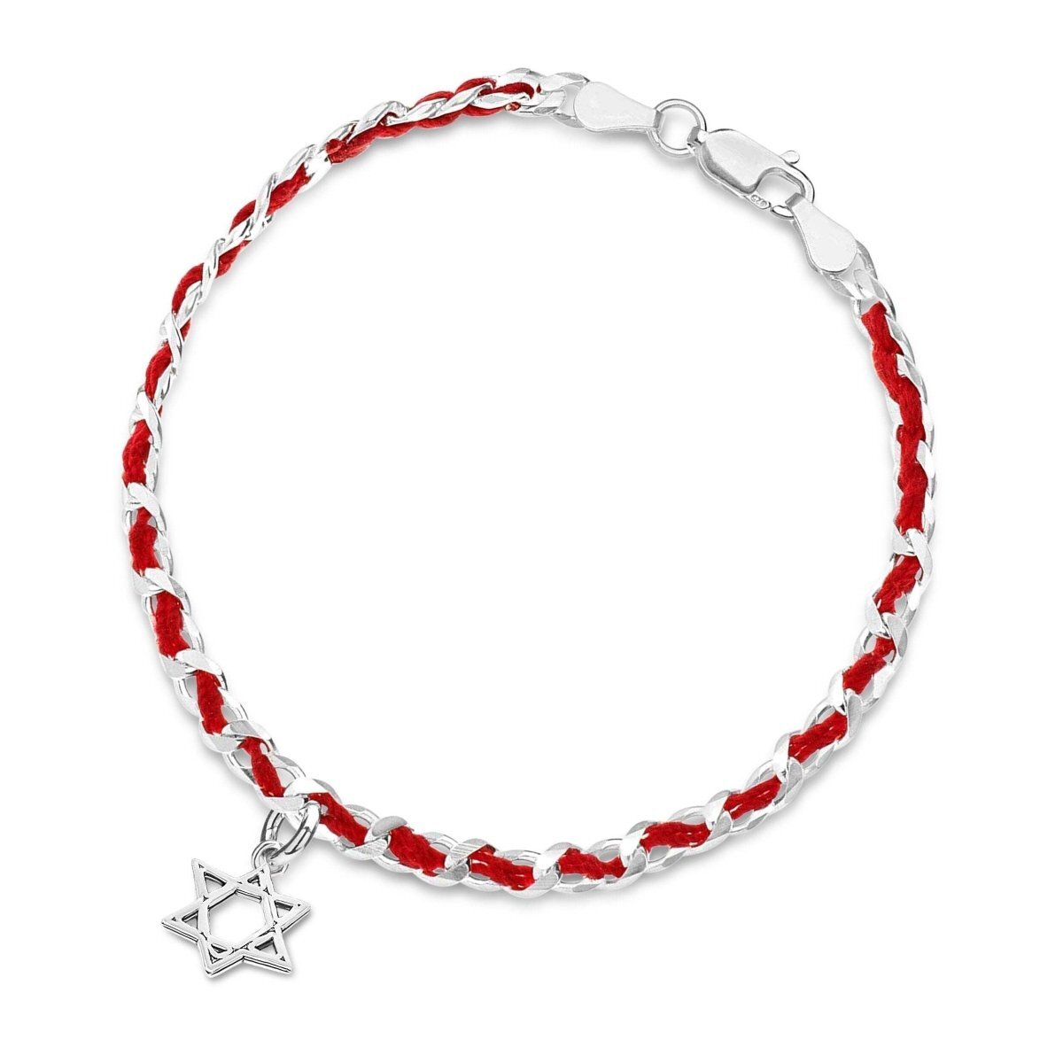 Star of David charm bracelet in sterling silver with red cord and bezel-set design by Alef Bet