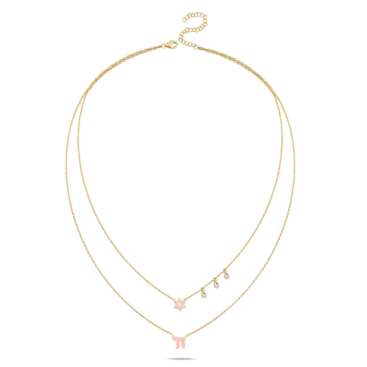 Layered necklace with pink and blue enamel, featuring Star of David and Chai charms, accented by diamond-like gems for a timeless look.
