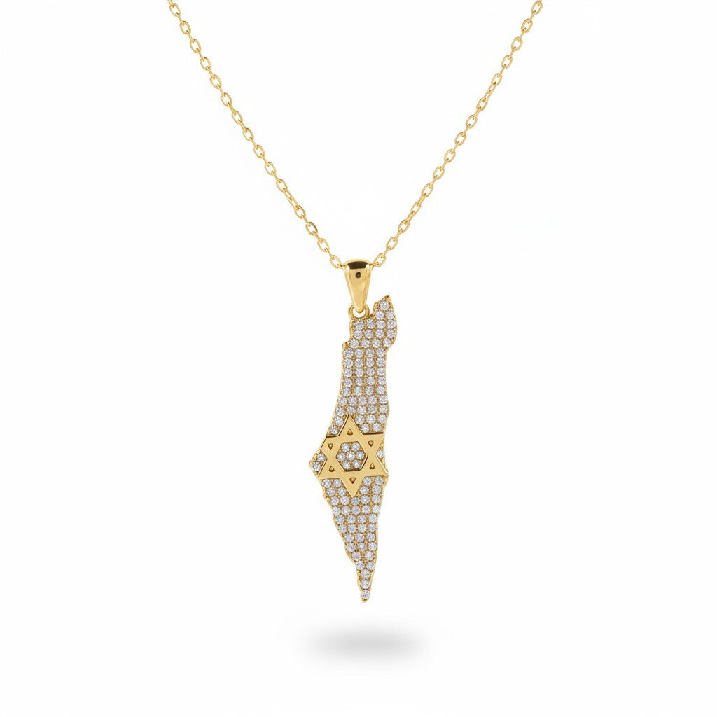 Pave CZ Israel Map and Star of David Necklace in Sterling Silver or 14k Gold Plated