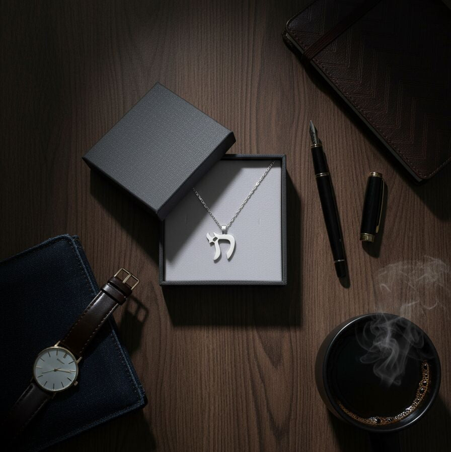 Necklace with a pendant in an open box on a wooden surface with a pen and other items.